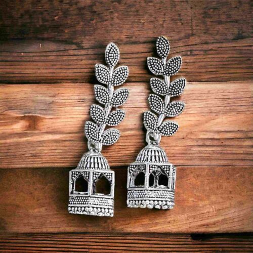 Leaf Designed Oxidised Eearrings with Temple
