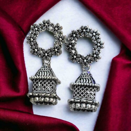 Flowers Circle With Dropped Temple Oxidised Earrings