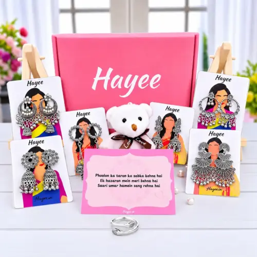 Rakhi Gift Hamper for Sister of Jhumkas , Ring and Message Card